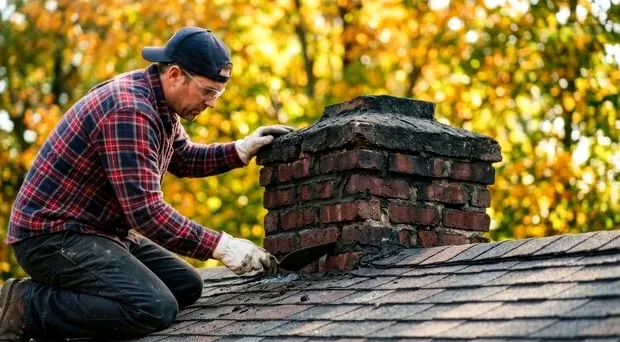 Mason repairing the weathered crown of a brick chimney on a Centennial, Colorado roof