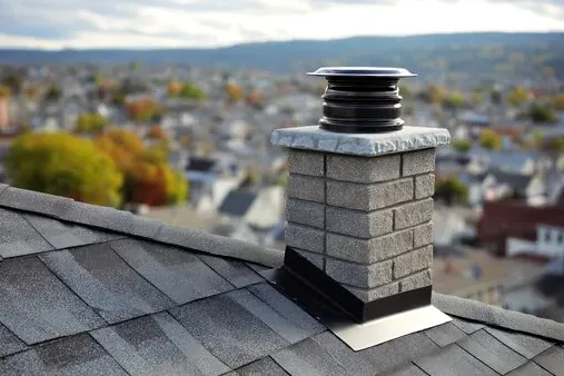 Masonry chimney with a new cap after hail damage on a Colorado roof