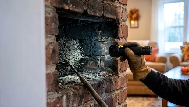 Technician shining a flashlight into a firebox during a chimney inspection