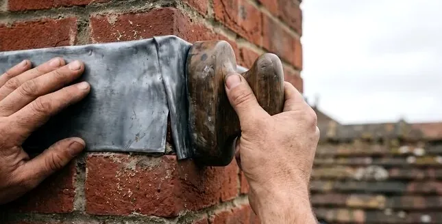 Sealing new flashing at a chimney base after a storm leak in Littleton