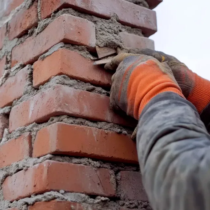 Mortar being worked into brick joints on a Centennial chimney